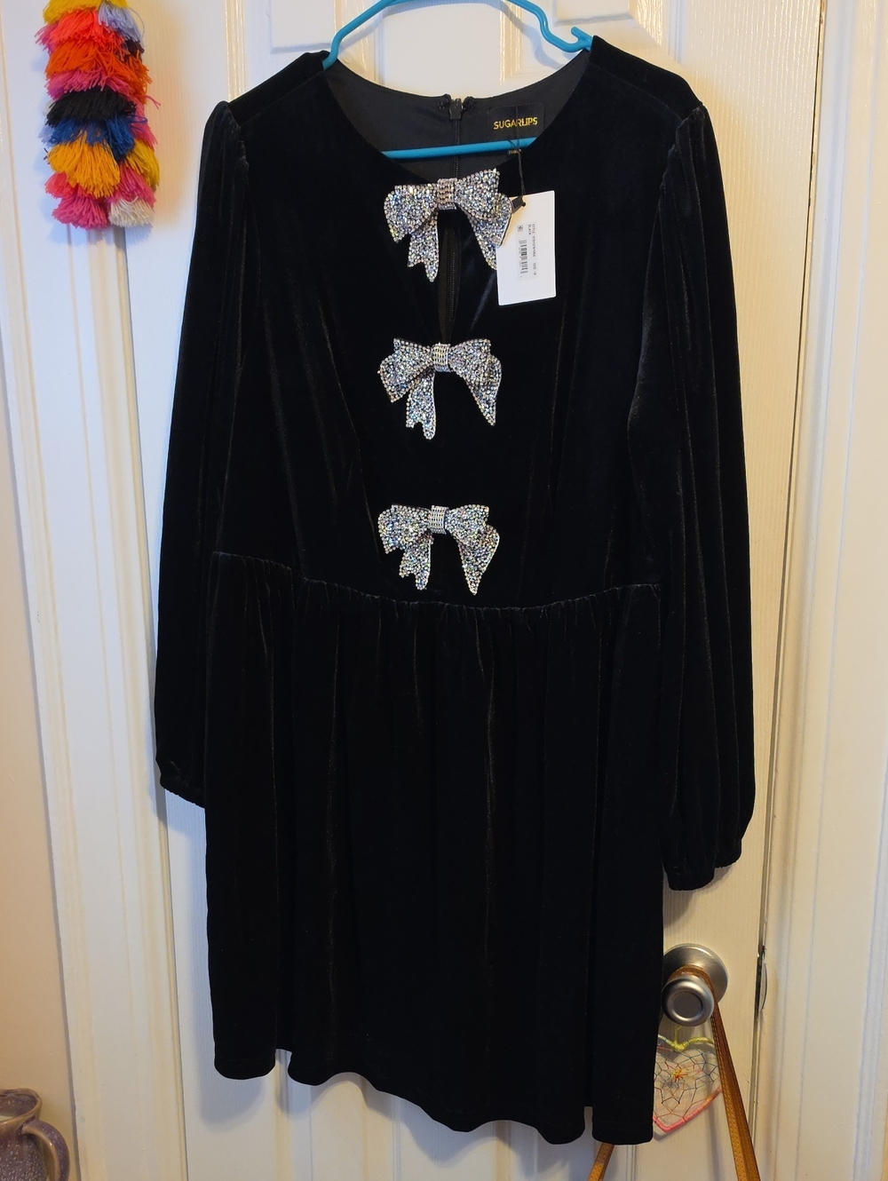 NWT 1X Sugarlips Black Velvet Dress with Rhinestone Bow Accents